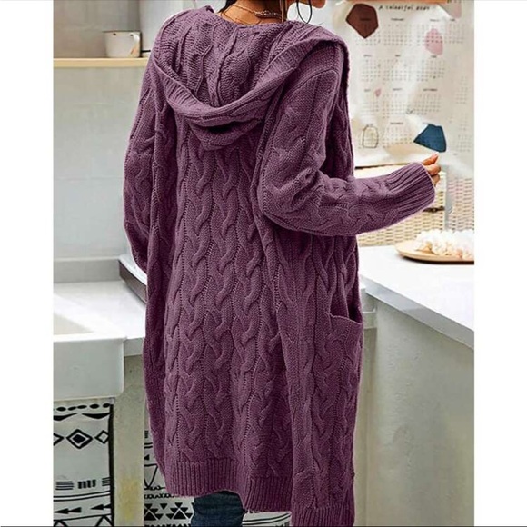 Luxe Cable Knit Long Sleeve Sweater Cardigan Open Front Pocket Hooded Ho… - Picture 6 of 15